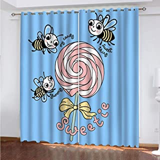 Cortinas Opacas para Niños 3D Cortina Termicas Aislantes Frio Y Calor con Ojales 2 Piezas 125X180 cm Poliéster Piruleta Y Abeja Cortinas Salon Decoración Hogar Dormitorio Y Habitación. Regalos para navidad originales.